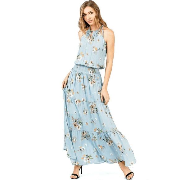 Lovestitch Light Blue Floral High Neck Halter Smocked Maxi Dress Med - Picture 9 of 12